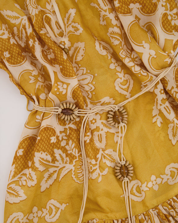 Zimmermann Yellow Silk Mini Raie Dress with White Floral Print and Beaded Belt Detail Size 0 (UK 8) RRP £850