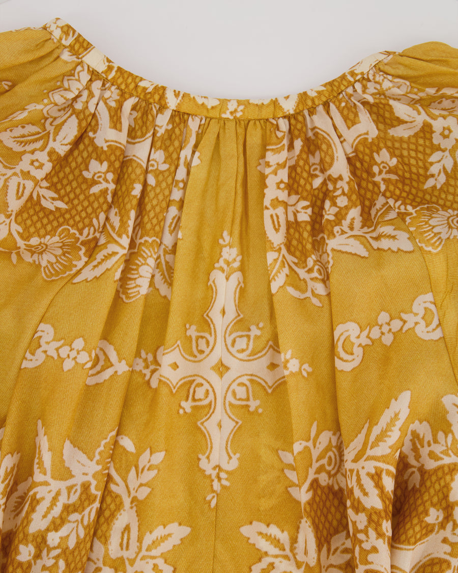 Zimmermann Yellow Silk Mini Raie Dress with White Floral Print and Beaded Belt Detail Size 0 (UK 8) RRP £850