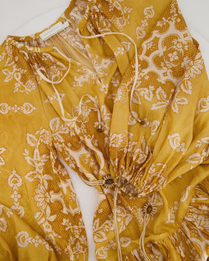 Zimmermann Yellow Silk Mini Raie Dress with White Floral Print and Beaded Belt Detail Size 0 (UK 8) RRP £850