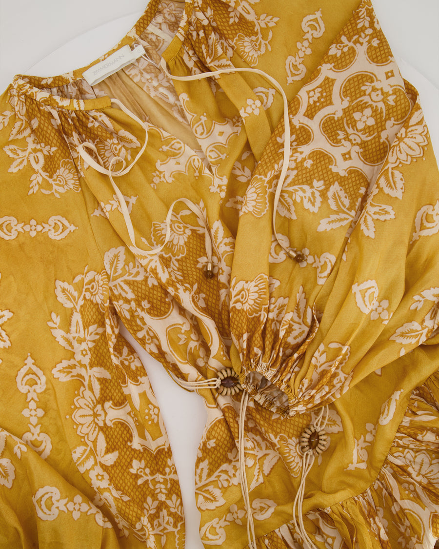 Zimmermann Yellow Silk Mini Raie Dress with White Floral Print and Beaded Belt Detail Size 0 (UK 8) RRP £850