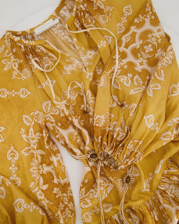 Zimmermann Yellow Silk Mini Raie Dress with White Floral Print and Beaded Belt Detail Size 0 (UK 8) RRP £850