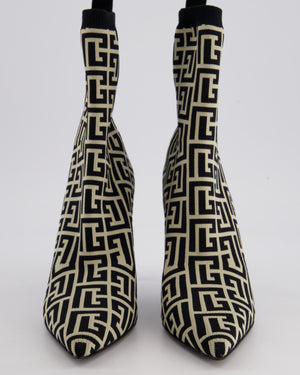 Balmain Black & Cream Raven Monogram Fabric Socks Ankle Boots Size EU 39