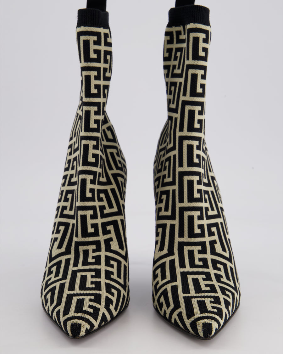 Balmain Black & Cream Raven Monogram Fabric Socks Ankle Boots Size EU 39