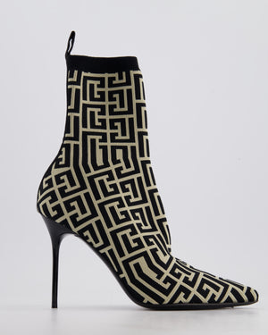 Balmain Black & Cream Raven Monogram Fabric Socks Ankle Boots Size EU 39