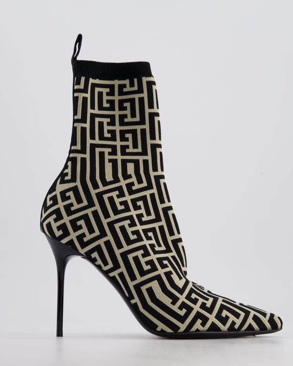 Balmain Black & Cream Raven Monogram Fabric Socks Ankle Boots Size EU 39