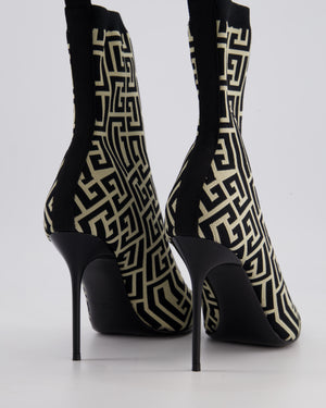 Balmain Black & Cream Raven Monogram Fabric Socks Ankle Boots Size EU 39