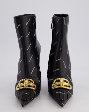 Balenciaga Black Knife BB Fringe Leather Ankle Boots with Gold BB Buckle Size EU 39