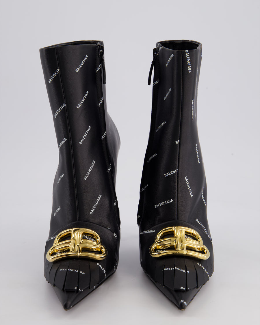 Balenciaga Black Knife BB Fringe Leather Ankle Boots with Gold BB Buckle Size EU 39