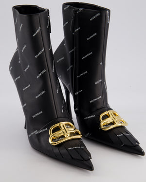 Balenciaga Black Knife BB Fringe Leather Ankle Boots with Gold BB Buckle Size EU 39