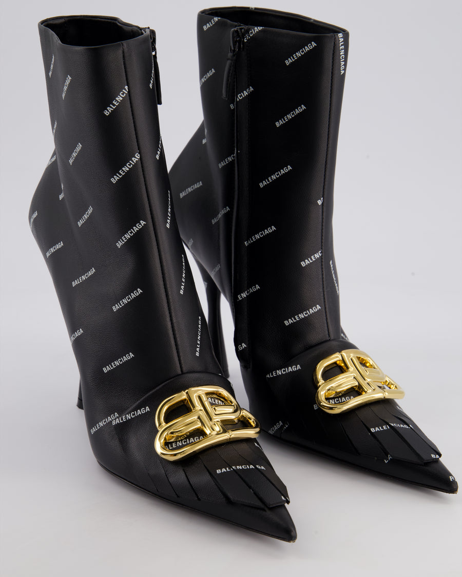 Balenciaga Black Knife BB Fringe Leather Ankle Boots with Gold BB Buckle Size EU 39