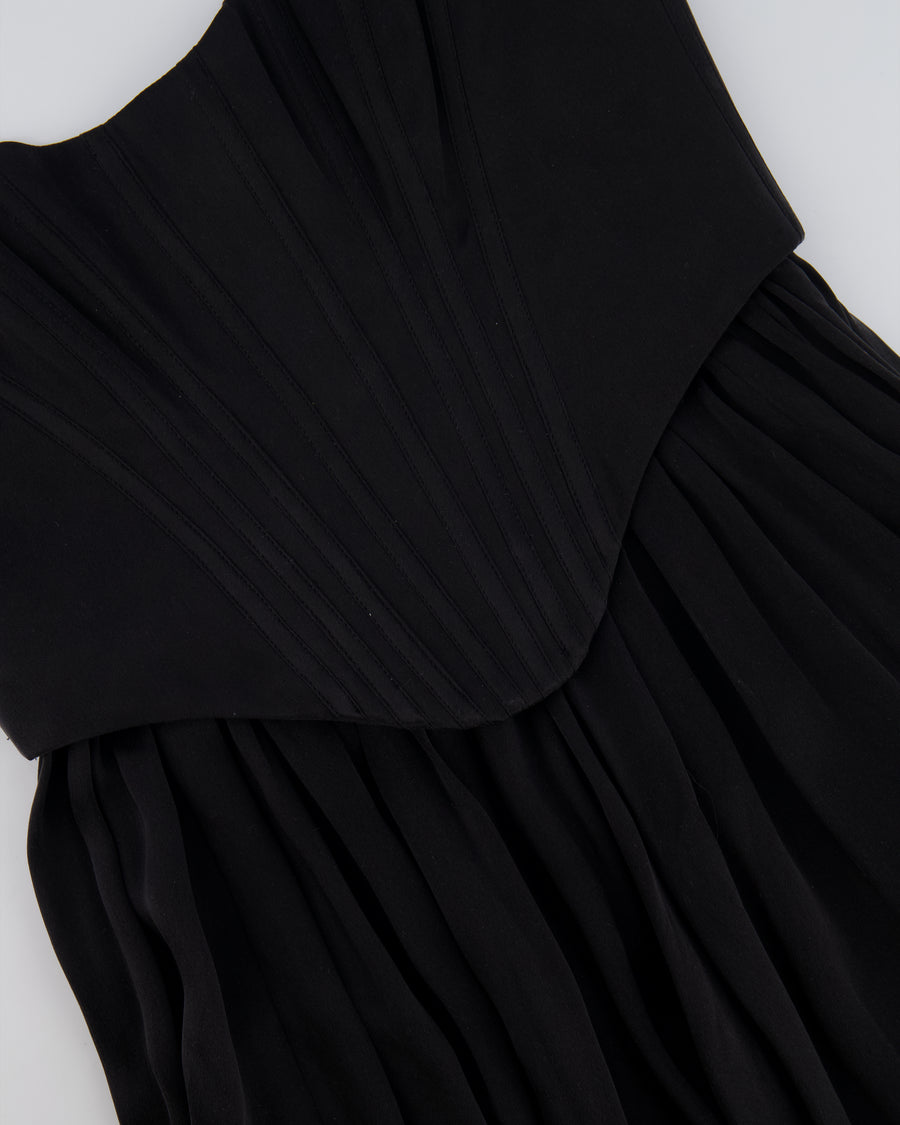 Zimmermann Black Silk Midi Dress with Pleated Skirt and Corset Detail Size 0 (UK 8)