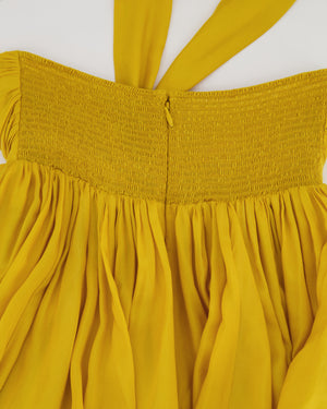 Zimmermann Yellow Asymmetric Gathered Silk-Voile Halterneck Midi Dress Size 0 (UK 8) RRP £1,520
