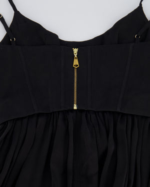 Zimmermann Black Silk Midi Dress with Pleated Skirt and Corset Detail Size 0 (UK 8)
