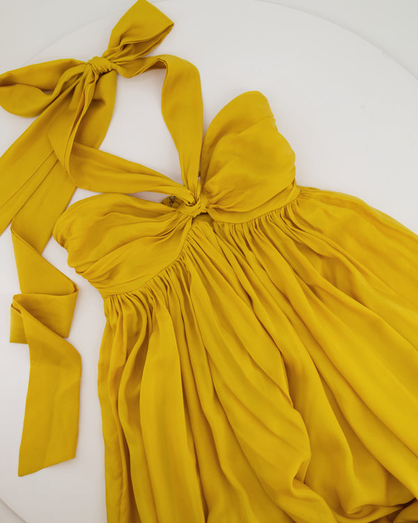 Zimmermann Yellow Asymmetric Gathered Silk-Voile Halterneck Midi Dress Size 0 (UK 8) RRP £1,520