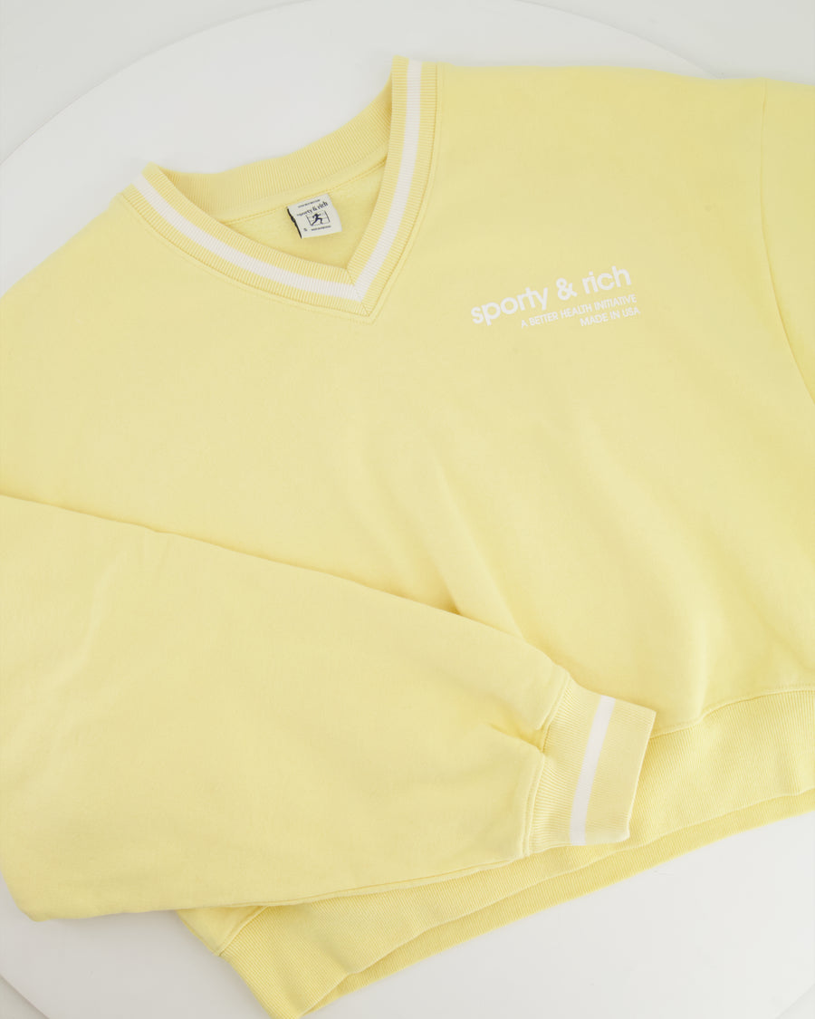 Sporty and Rich Yellow V-Neck Sweater with White Trim Detail Size S (UK 8)