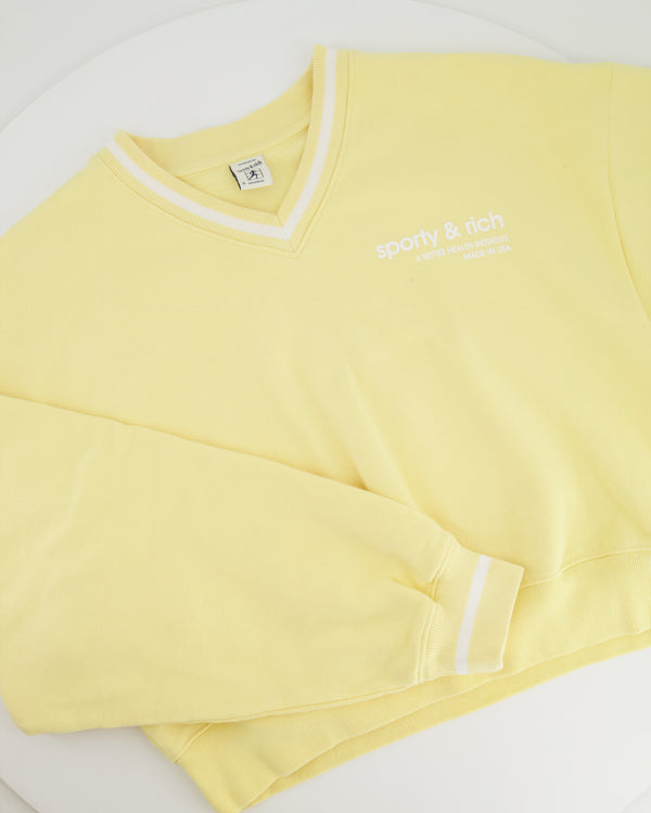 Sporty and Rich Yellow V-Neck Sweater with White Trim Detail Size S (UK 8)