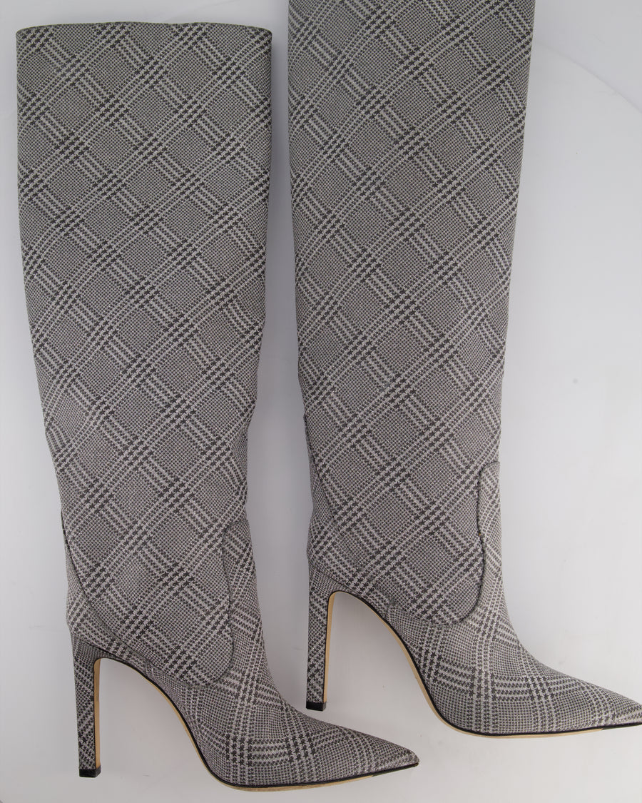 Jimmy Choo Mavis 100 Silver Glitter High Boots with Price of Wales Check Pattern Size EU 39