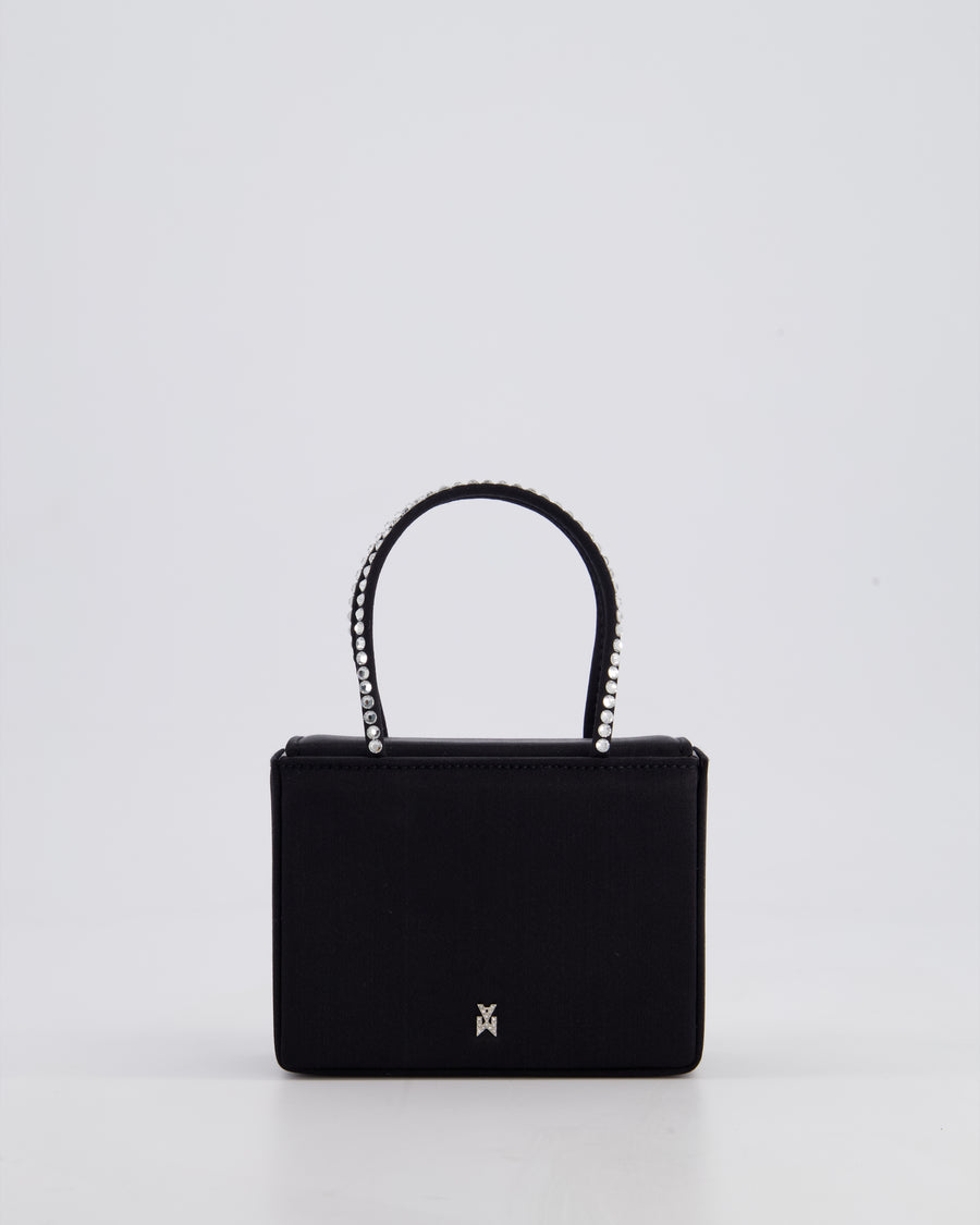 Amina Muaddi Black Gilda Satin Mini Tote Bag with Crystals Handle