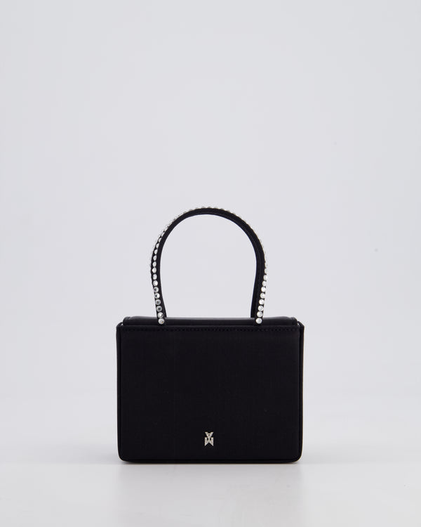 Amina Muaddi Black Gilda Satin Mini Tote Bag with Crystals Handle