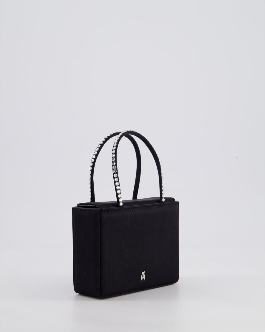 Amina Muaddi Black Gilda Satin Mini Tote Bag with Crystals Handle