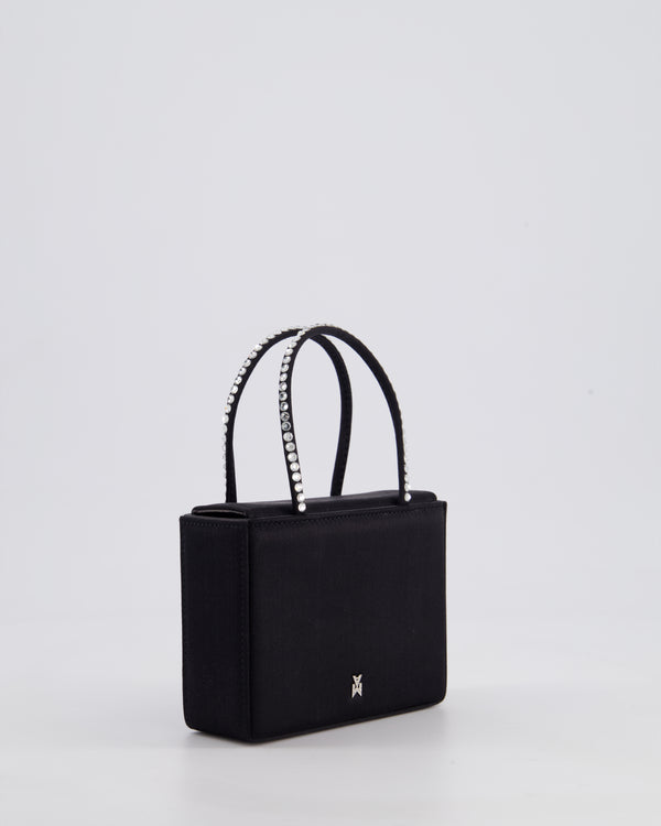 Amina Muaddi Black Gilda Satin Mini Tote Bag with Crystals Handle
