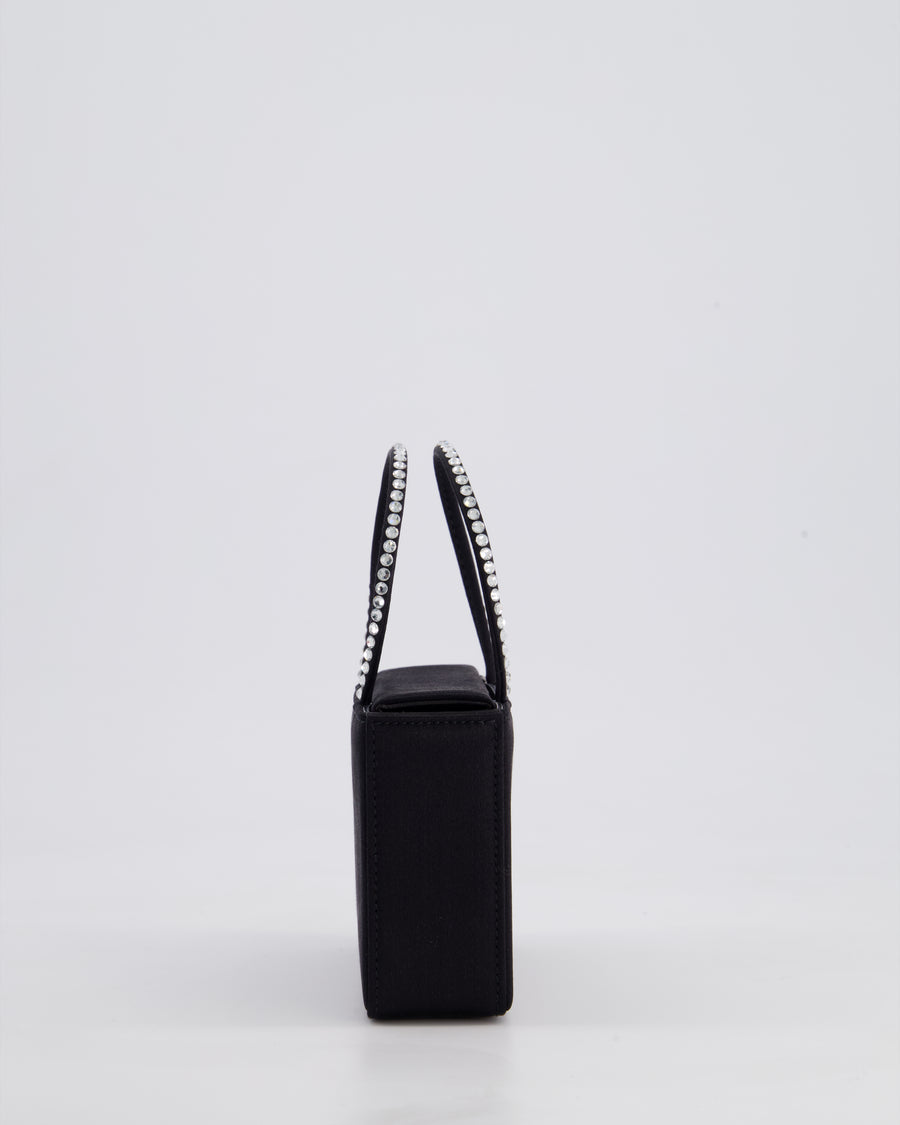 Amina Muaddi Black Gilda Satin Mini Tote Bag with Crystals Handle