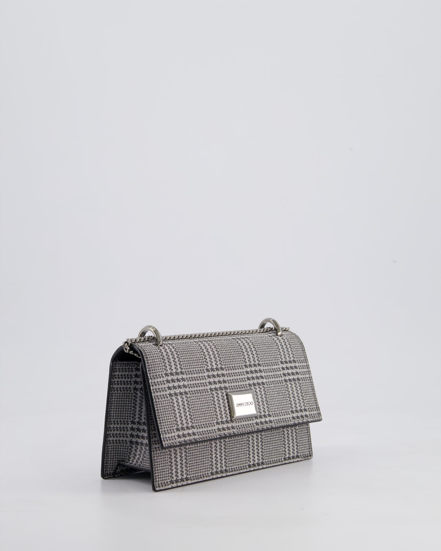 Jimmy Choo Silver Leni Glitter Bag with Prince of Wales Pattern Detail and Ruthenium Hardware