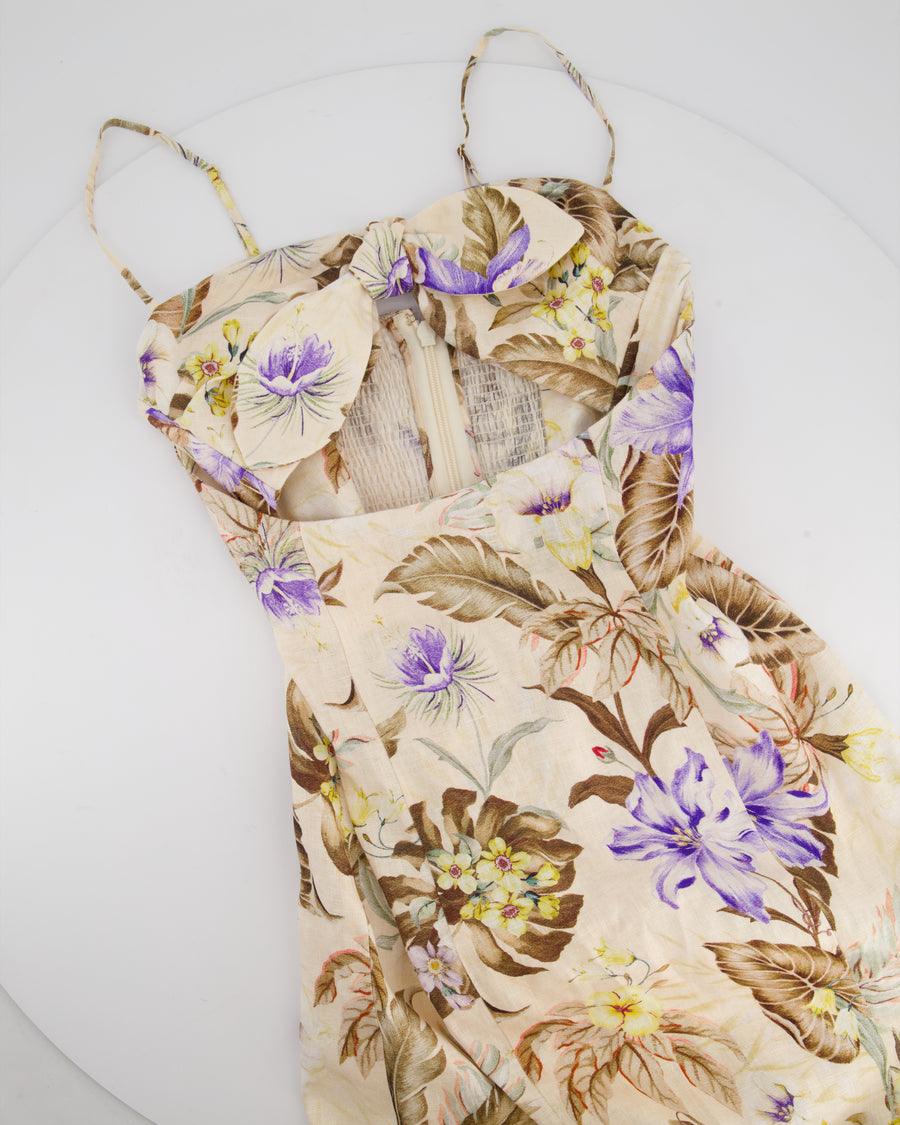 Zimmermann Beige, Brown and Blue Floral Linen Maxi Dress with Cut Out and Bow Detail Size 0 (UK 8)