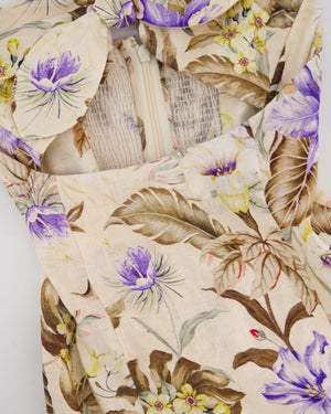 Zimmermann Beige, Brown and Blue Floral Linen Maxi Dress with Cut Out and Bow Detail Size 0 (UK 8)