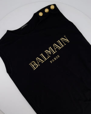 Balmain Black Cotton T-shirt with Gold Logo & Buttons Detail Size FR 38 (UK 10)