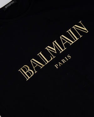 Balmain Black Cotton T-shirt with Gold Logo & Buttons Detail Size FR 38 (UK 10)