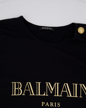 Balmain Black Cotton T-shirt with Gold Logo & Buttons Detail Size FR 38 (UK 10)
