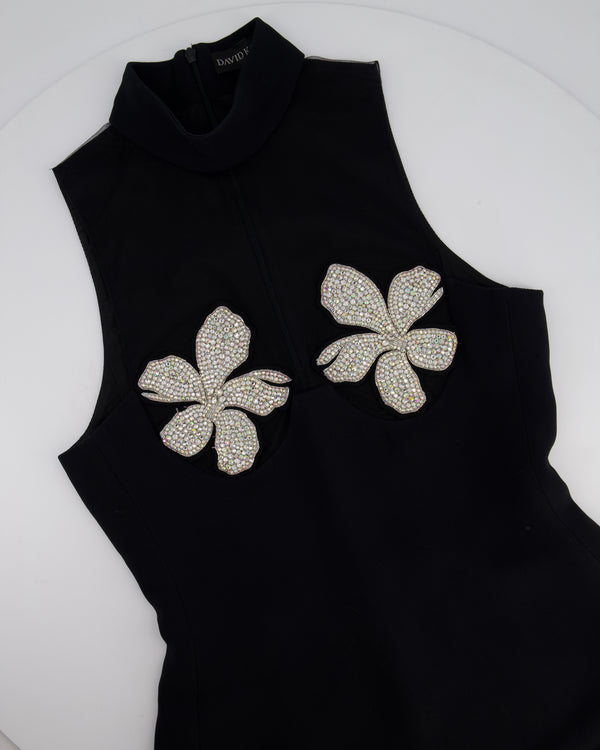 David Koma Black Mini Dress with Tulle Halter Neck & Floral Embellishments Details Size UK 10