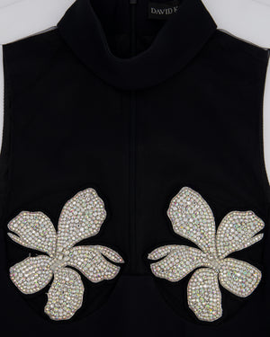 David Koma Black Mini Dress with Tulle Halter Neck & Floral Embellishments Details Size UK 10