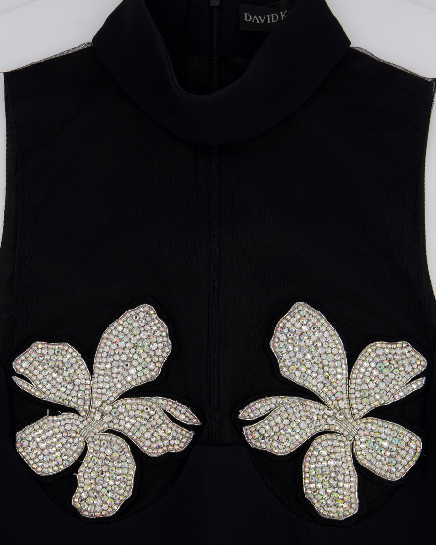 David Koma Black Mini Dress with Tulle Halter Neck & Floral Embellishments Details Size UK 10