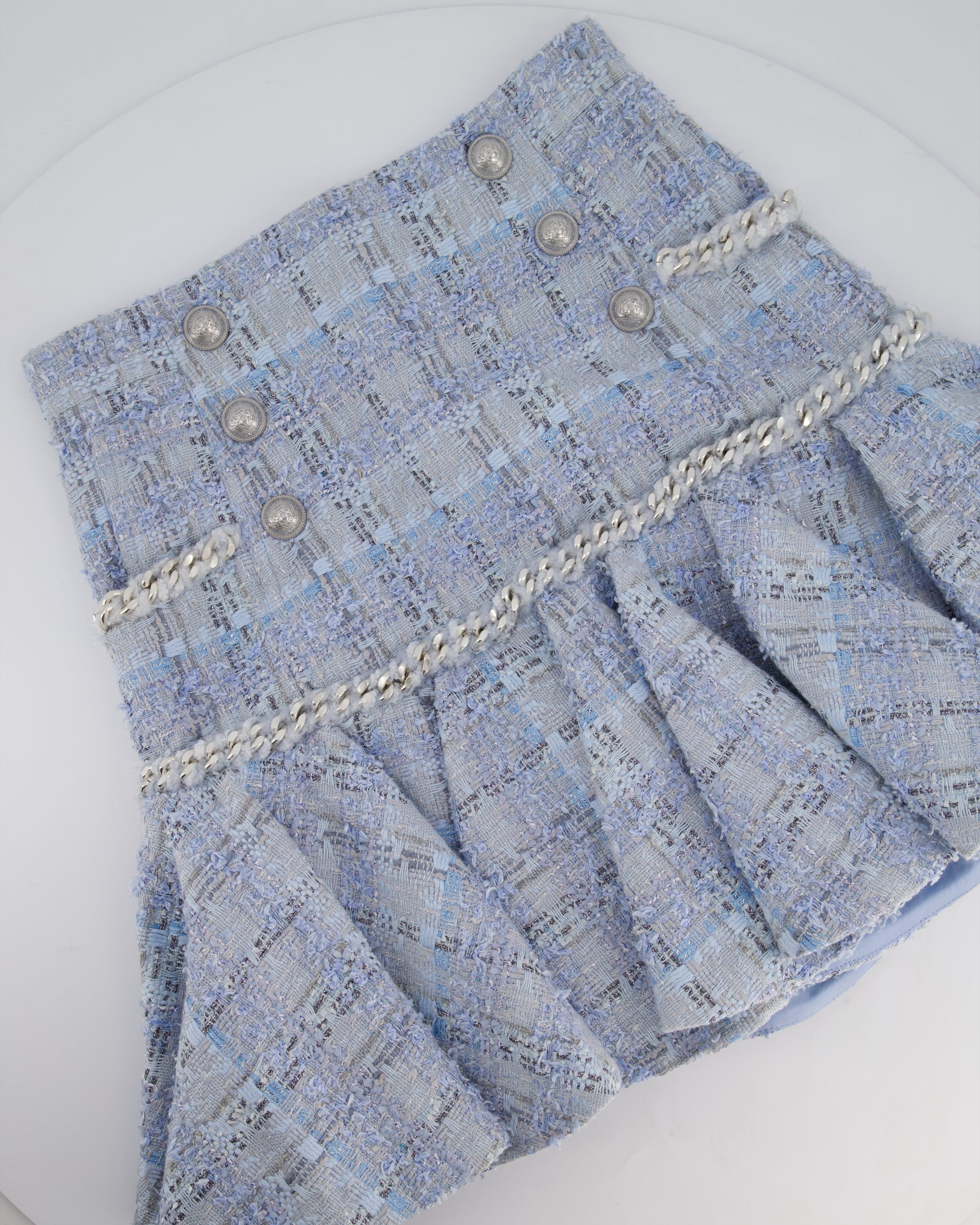 Balmain Sky Blue Tweed Mini Skirt with Ruffles Silver