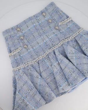 Balmain Sky Blue Tweed Mini Skirt with Ruffles Silver Buttons Detail Size FR 38 (UK 10)