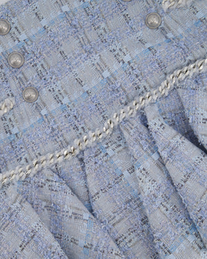 Balmain Sky Blue Tweed Mini Skirt with Ruffles Silver Buttons Detail Size FR 38 (UK 10)