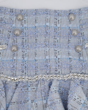 Balmain Sky Blue Tweed Mini Skirt with Ruffles Silver Buttons Detail Size FR 38 (UK 10)