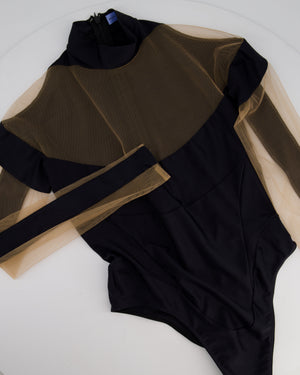 Mugler Black & Nude Mesh Mid-Neck Long Sleeve Bodysuit Size FR 36 (UK 8)