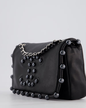 Chanel Black Pearl Obsession Lambskin Small Single Flap Bag with Pearl Logo and Trim Details and Silver Hardware