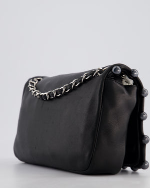 Chanel Black Pearl Obsession Lambskin Small Single Flap Bag with Pearl Logo and Trim Details and Silver Hardware