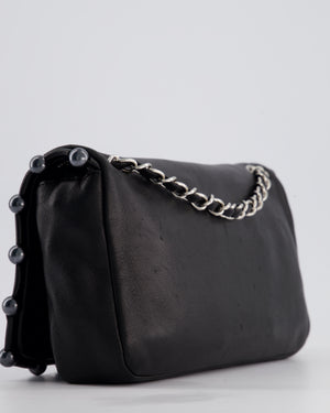 Chanel Black Pearl Obsession Lambskin Small Single Flap Bag with Pearl Logo and Trim Details and Silver Hardware