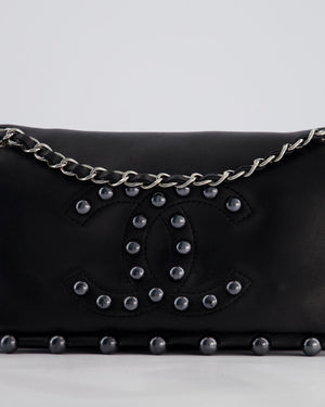 Chanel Black Pearl Obsession Lambskin Small Single Flap Bag with Pearl Logo and Trim Details and Silver Hardware