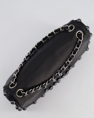 Chanel Black Pearl Obsession Lambskin Small Single Flap Bag with Pearl Logo and Trim Details and Silver Hardware
