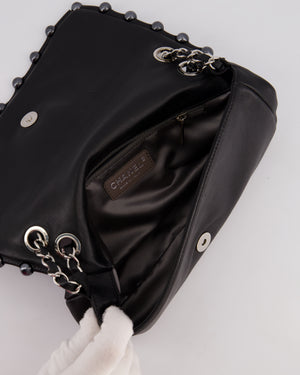 Chanel Black Pearl Obsession Lambskin Small Single Flap Bag with Pearl Logo and Trim Details and Silver Hardware