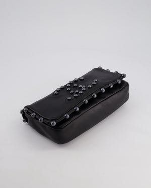 Chanel Black Pearl Obsession Lambskin Small Single Flap Bag with Pearl Logo and Trim Details and Silver Hardware