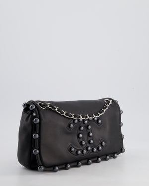 Chanel Black Pearl Obsession Lambskin Small Single Flap Bag with Pearl Logo and Trim Details and Silver Hardware