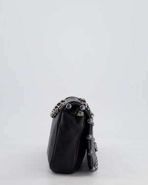 Chanel Black Pearl Obsession Lambskin Small Single Flap Bag with Pearl Logo and Trim Details and Silver Hardware