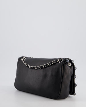 Chanel Black Pearl Obsession Lambskin Small Single Flap Bag with Pearl Logo and Trim Details and Silver Hardware